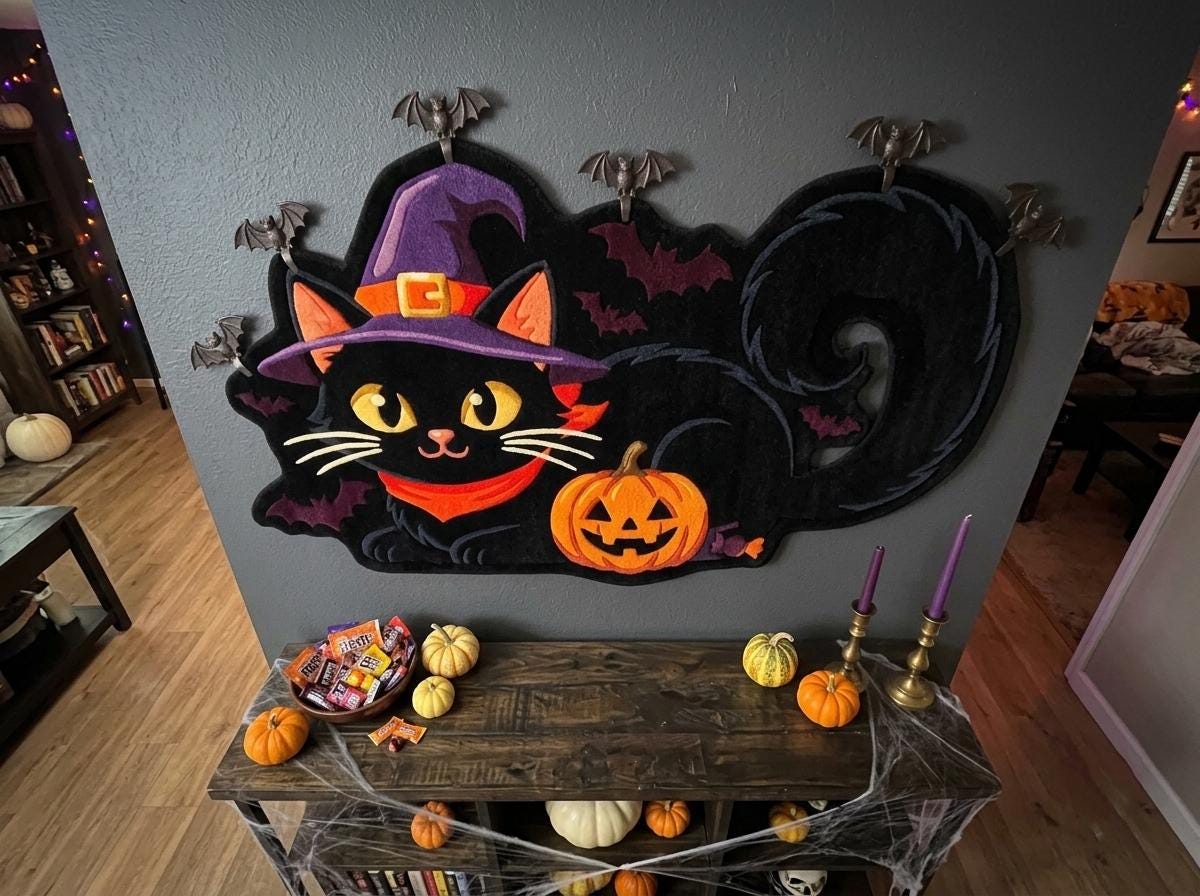 Hand Tufted Halloween Cat Rug, Black Cat Witch Rug, New Zealand Wool Area Rug, Spooky Pumpkin Decor, Gothic Fall Home Accent Gift Idea