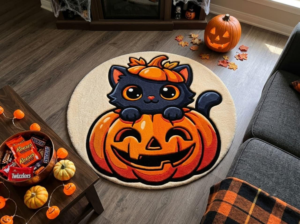 Hand Tufted Halloween Cat Pumpkin Rug, New Zealand Wool Autumn Decor