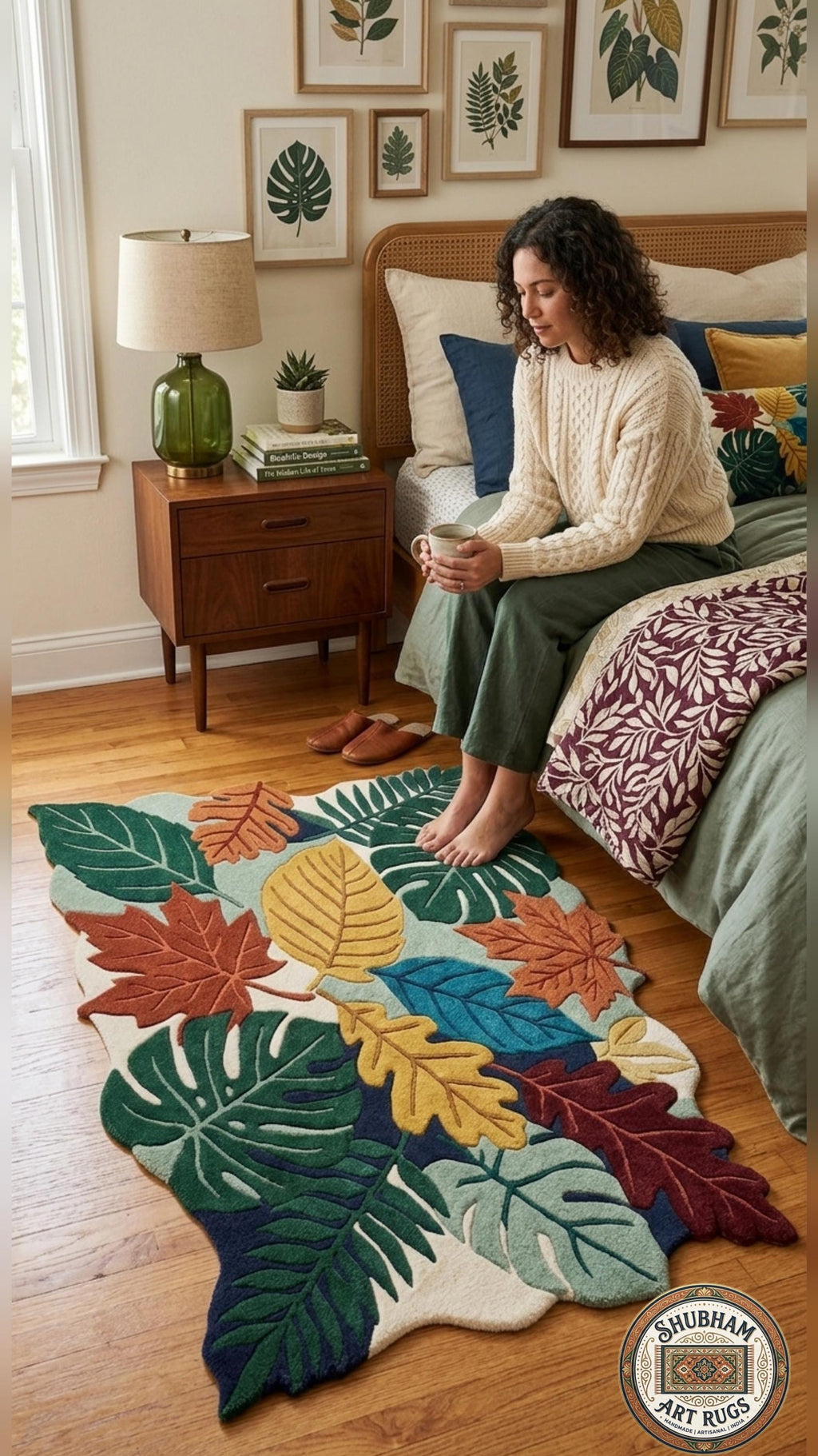 Hand Tufted Leaf Rug, Wool Botanical Carpet, Nature Area Rug, Custom Size