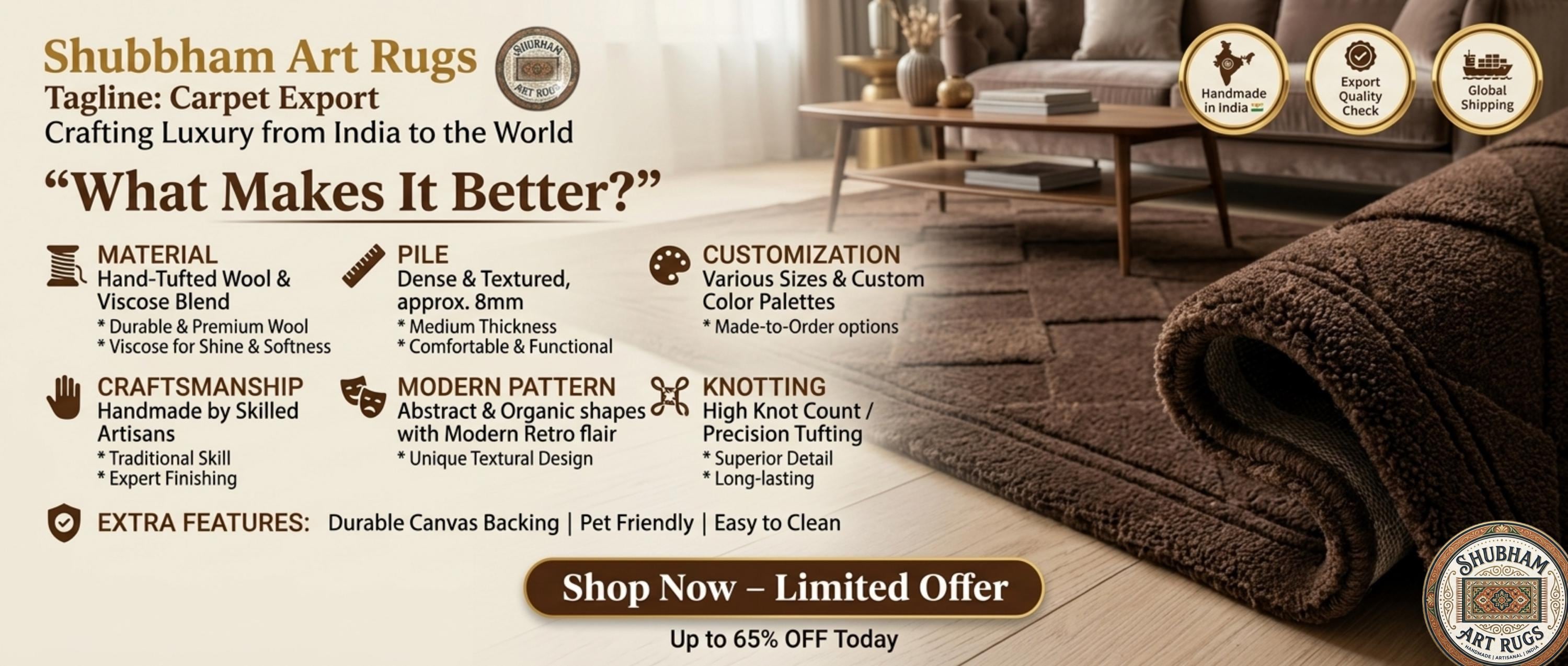 Hand Tufted Wool Rug: Brown Geometric Diamond Pattern, Plush Living Room Carpet