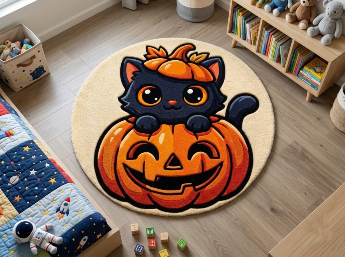 Hand Tufted Halloween Cat Pumpkin Rug, New Zealand Wool Autumn Decor