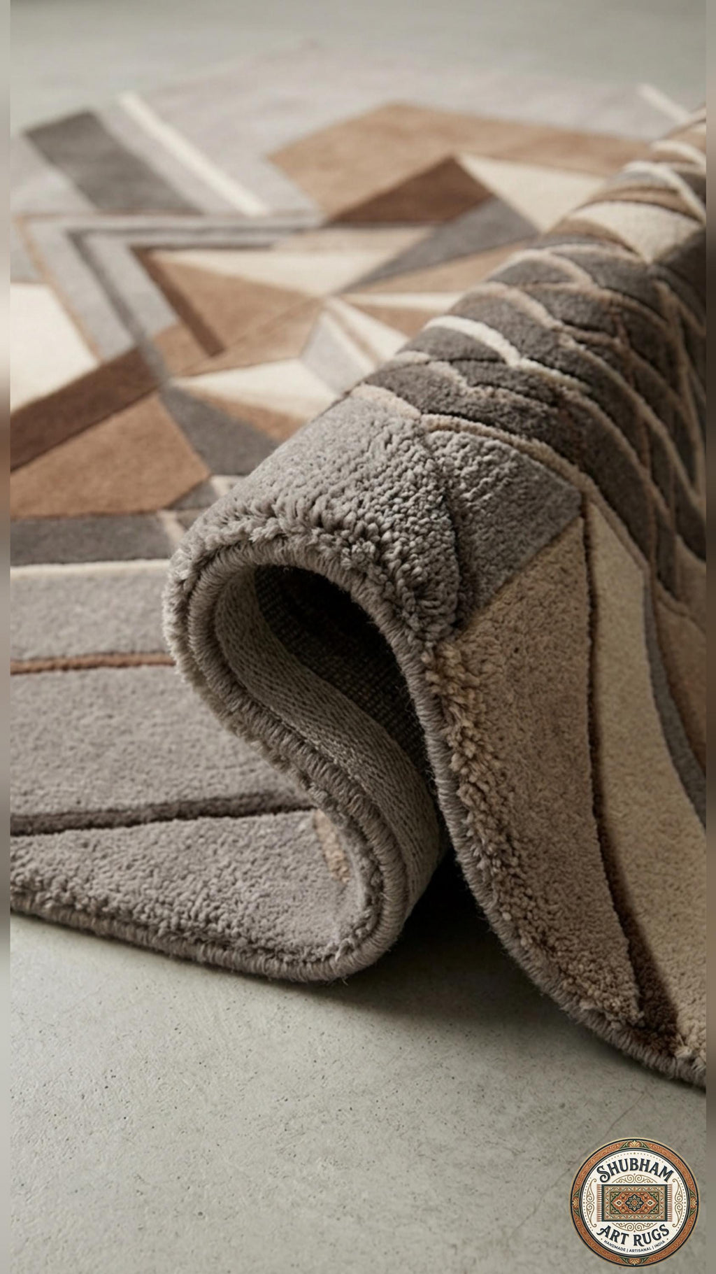 Hand Tufted Wool Rug: Modern Geometric Abstract Brown Beige Carpet