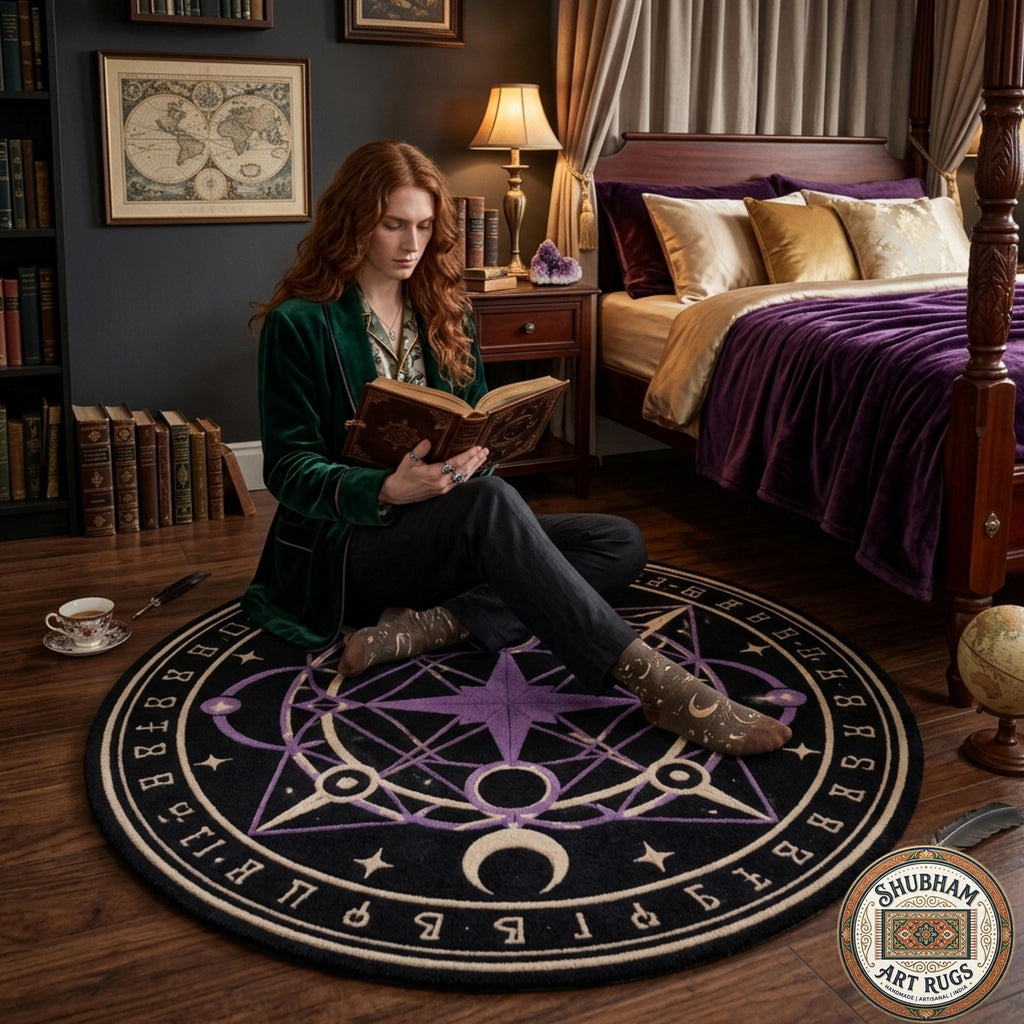 Hand Tufted Wool Celestial Magic Circle Rug, Purple Astrology Star Carpet, Witchy Decor