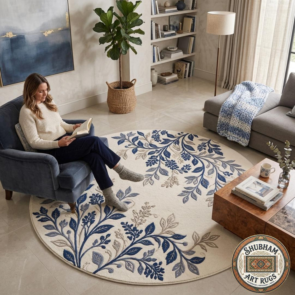 Hand Tufted Wool Botanical Rug, Blue Floral Area Carpet, Farmhouse Living Room Decor