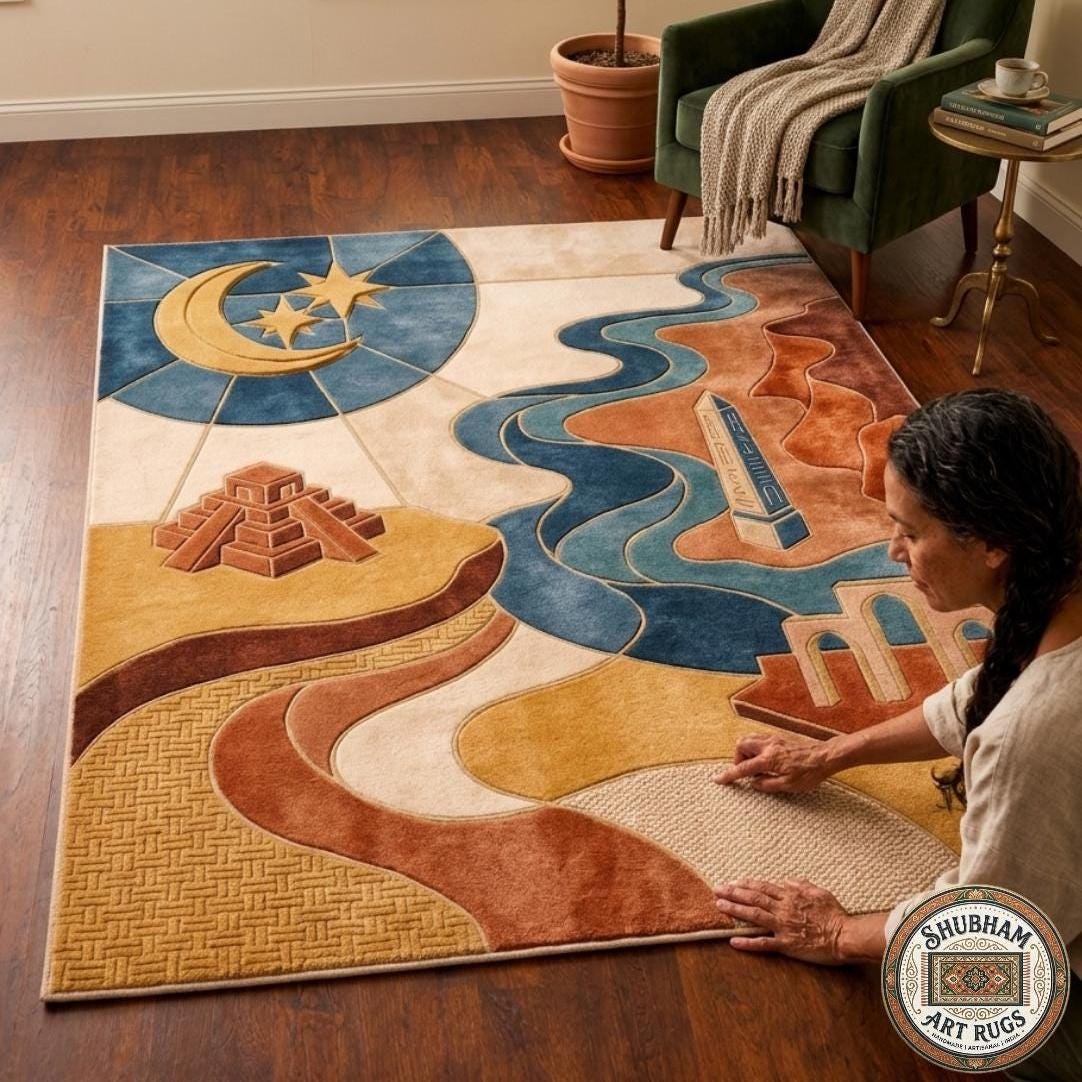 Hand Tufted Wool Area Rug, Celestial Moon Star Abstract Boho Carpet