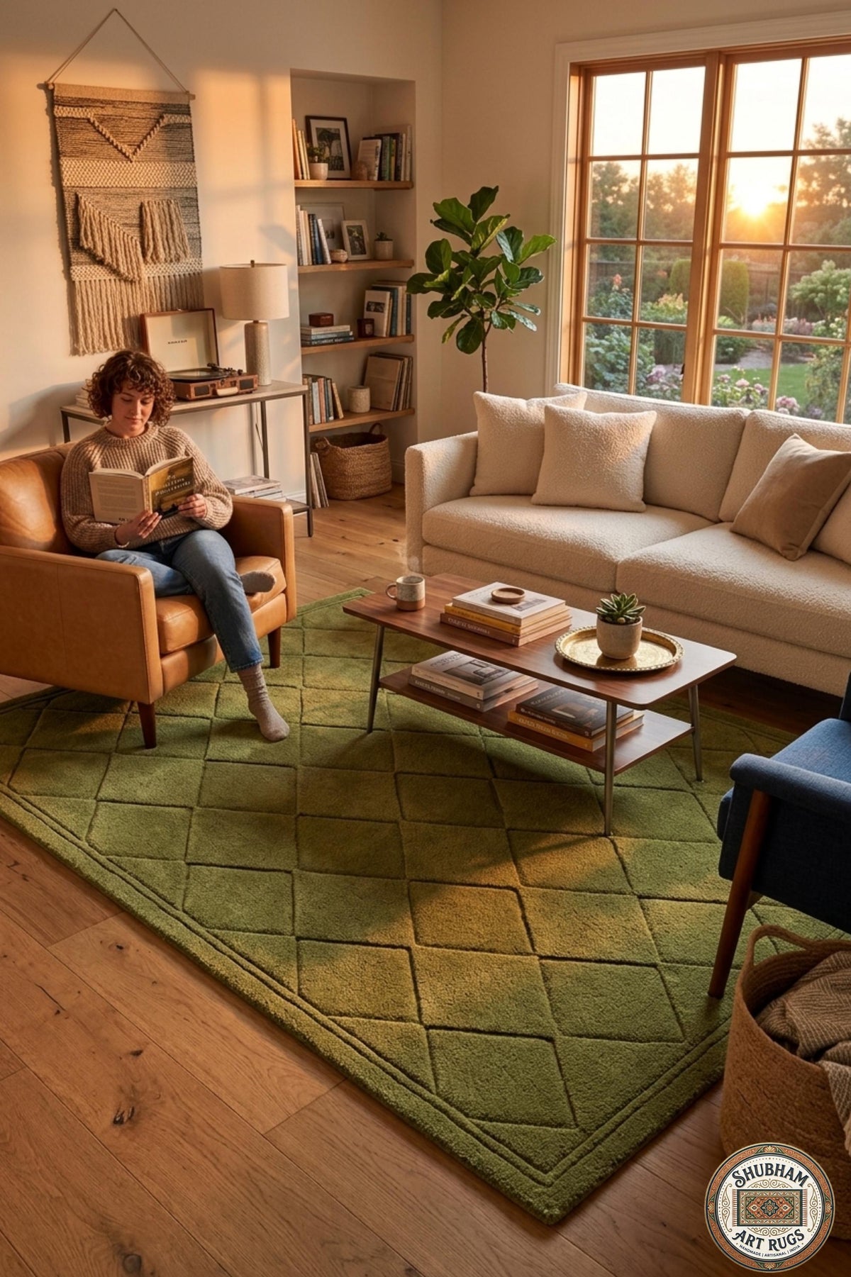 Hand Tufted Wool Rug: Green Geometric Diamond Carpet, Soft Dense Pile