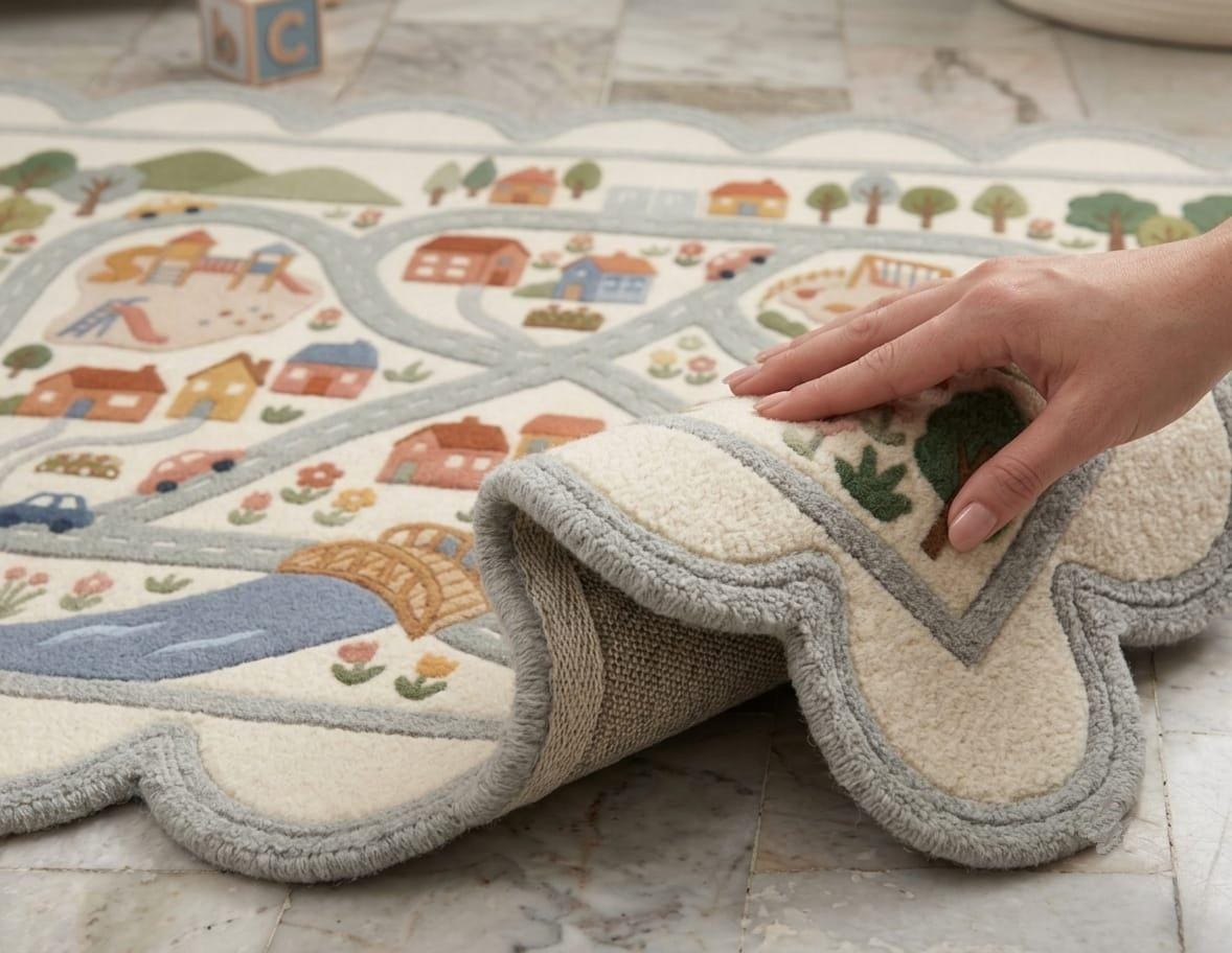 Hand Tufted New Zealand Wool Kids Road Map Rug Scalloped Border Playroom Boho Living Room Carpet
