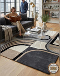 Hand Tufted Wool Rug, Modern Abstract Arc, Geometric Neutral Beige Grey Carpet