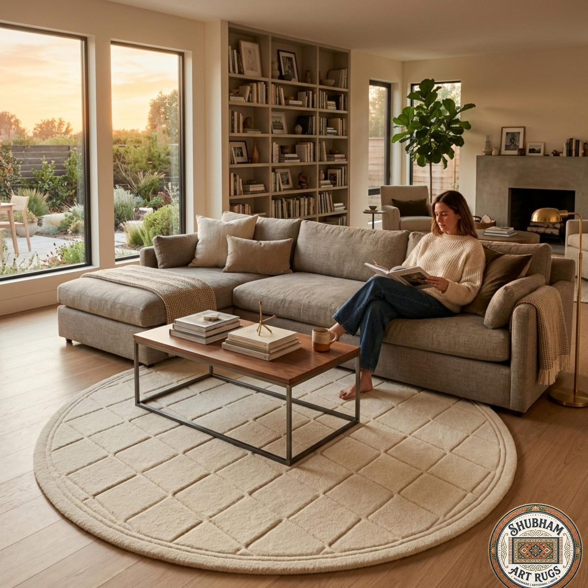 Hand Tufted Wool Rug: Ivory Geometric Diamond, Plush Modern Carpet