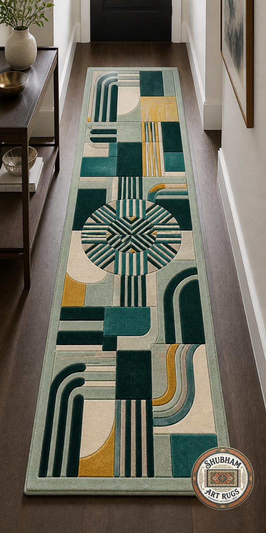 Hand Tufted Wool Rug, Modern Geometric Abstract Carpet, Green Cream Mustard, Custom Size
