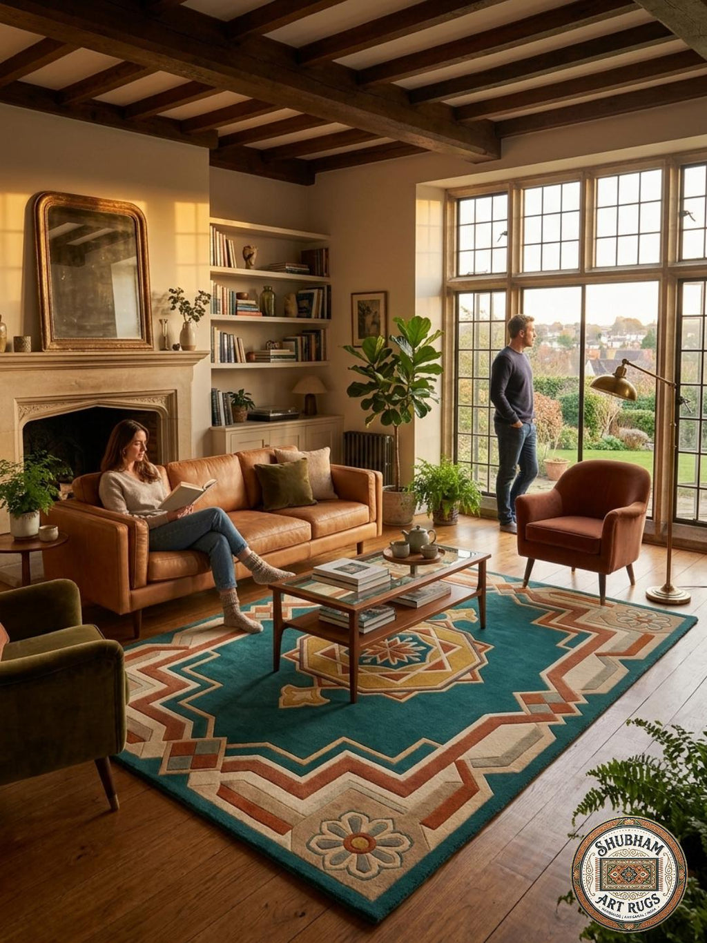 Teal Persian Medallion Wool Rug – Hand Tufted Geometric Living Room Carpet
