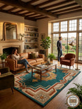 Teal Persian Medallion Wool Rug – Hand Tufted Geometric Living Room Carpet