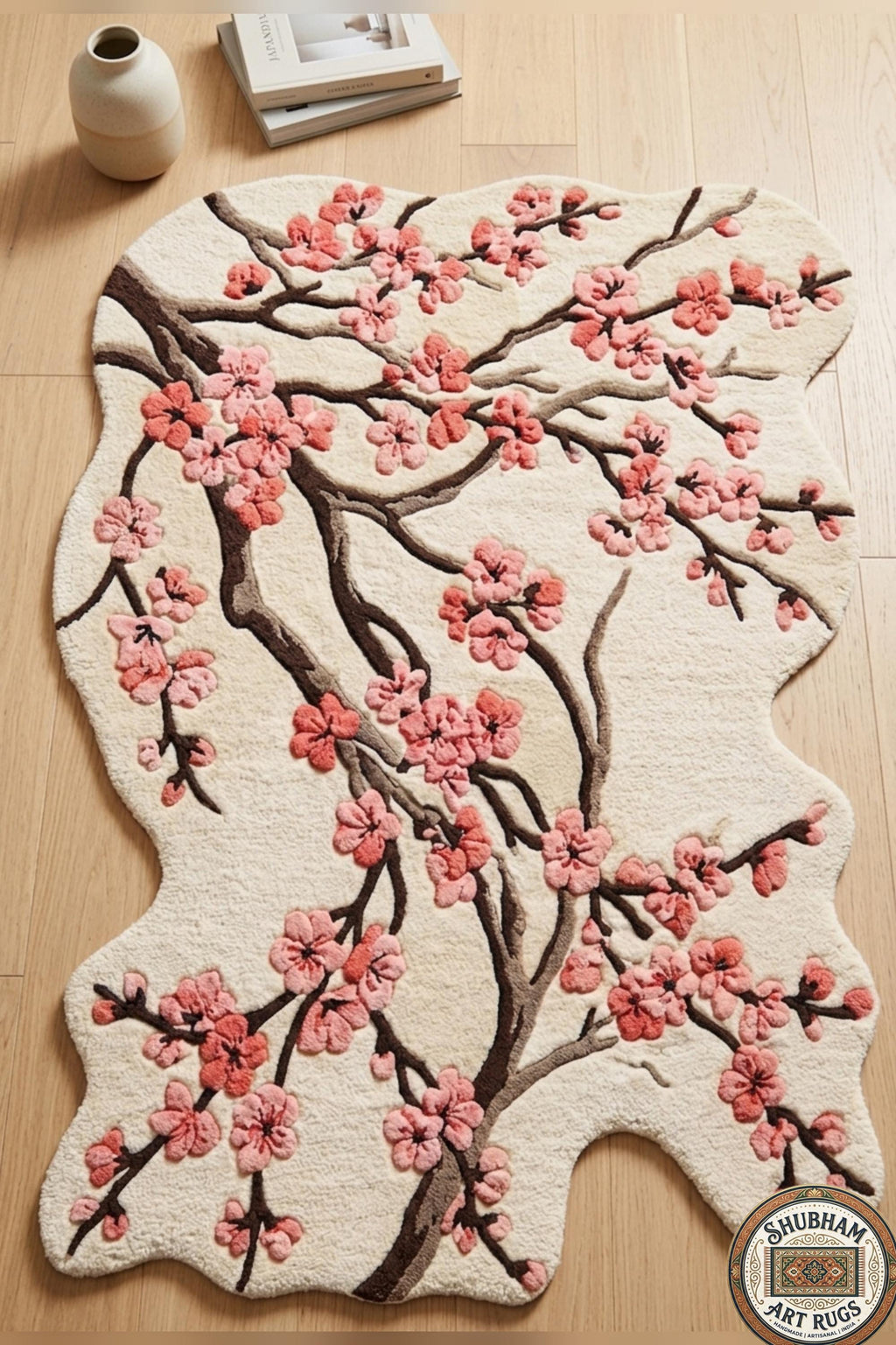 Hand Tufted Cherry Blossom Wool Rug, New Zealand Wool, Organic Floral Carpet Runner