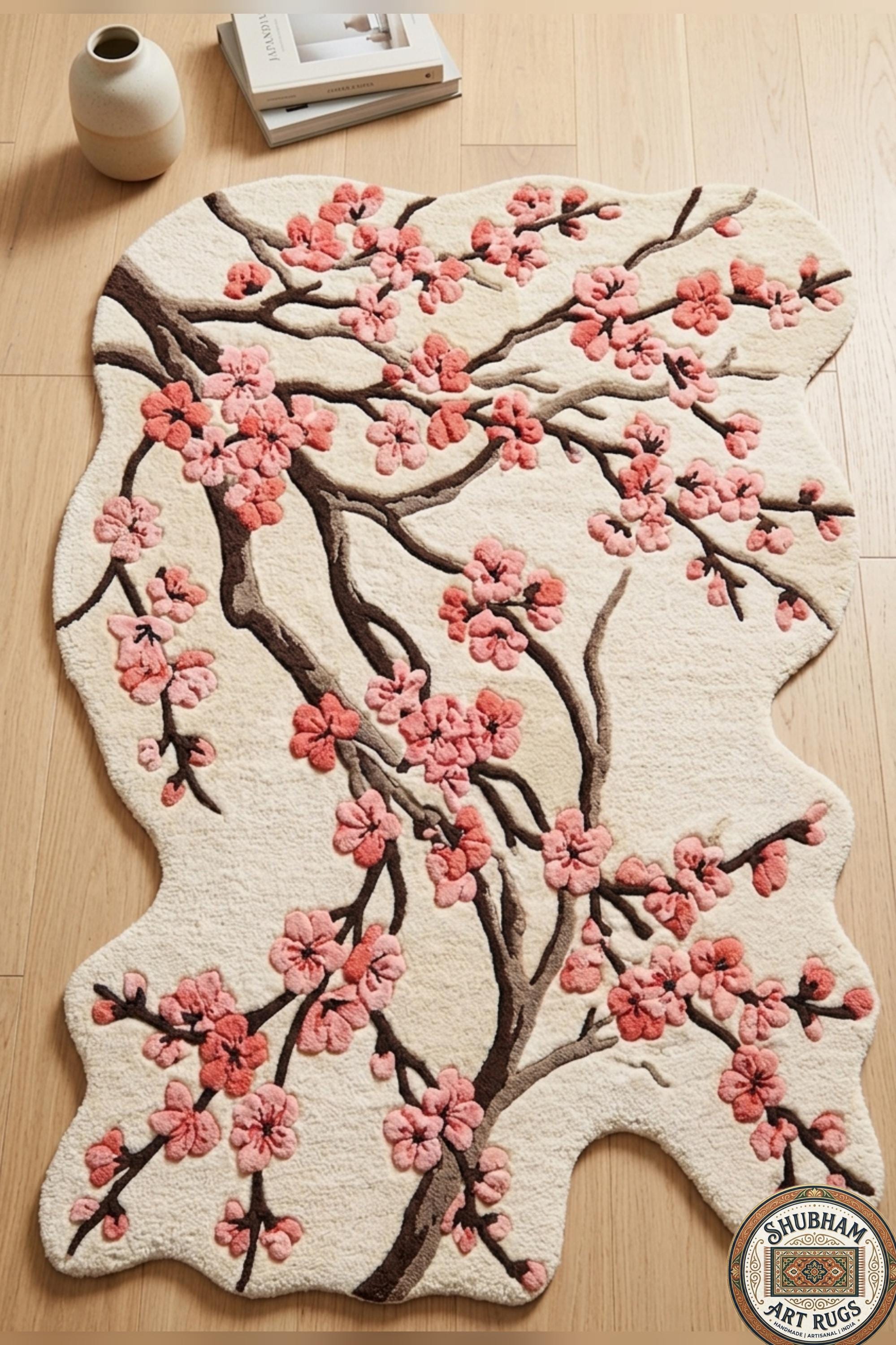 Hand Tufted Cherry Blossom Wool Rug, New Zealand Wool, Organic Floral Carpet Runner