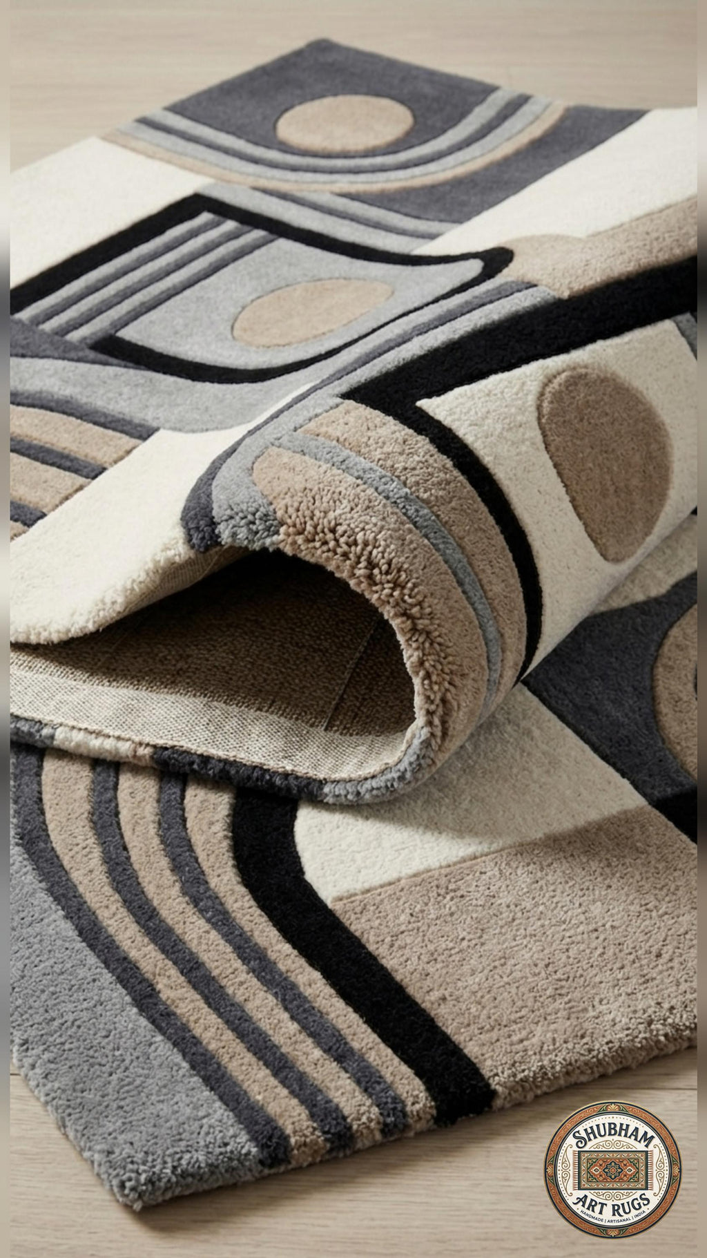 Hand Tufted Wool Rug, Modern Abstract Arc, Geometric Neutral Beige Grey Carpet