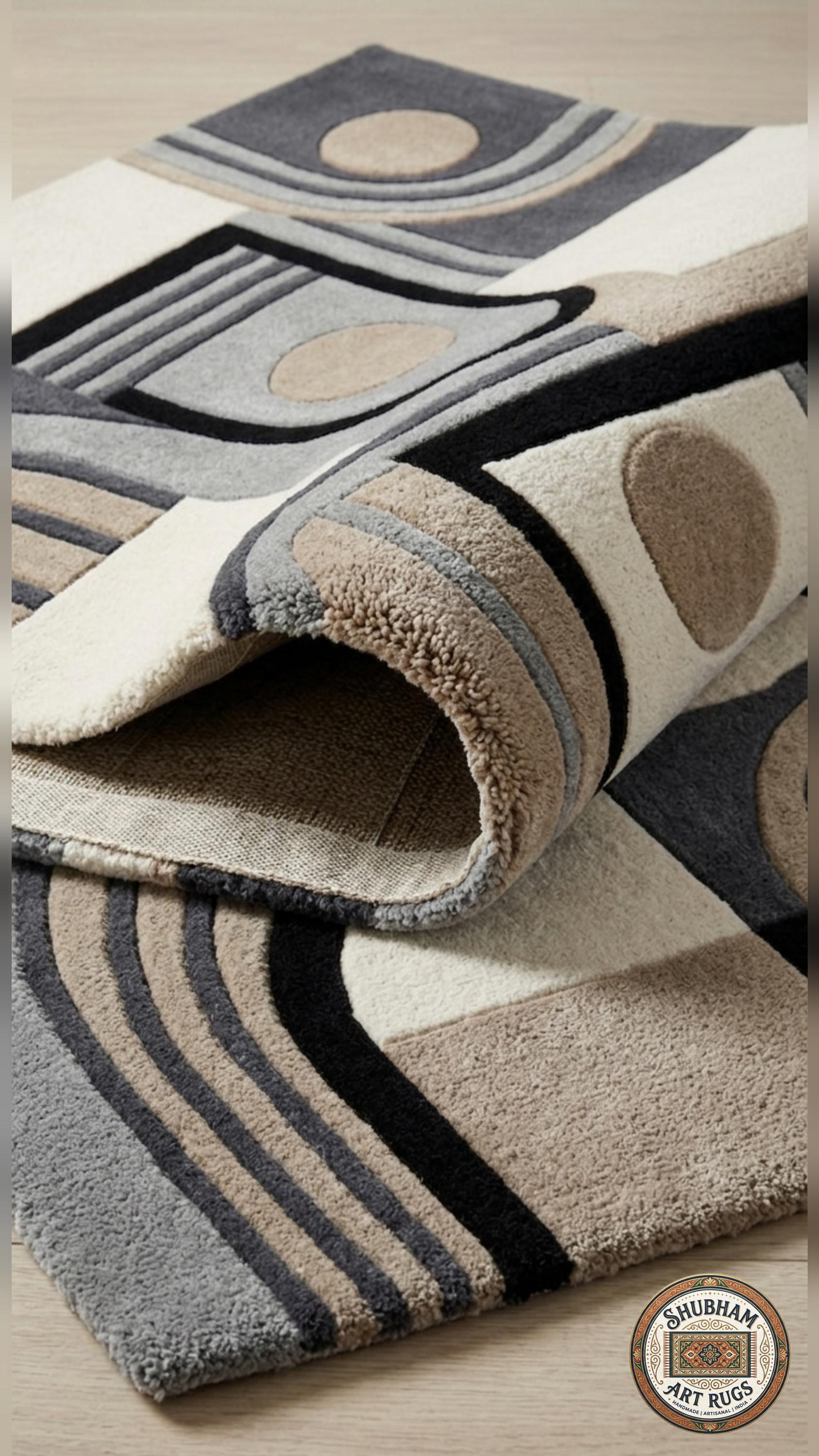 Alfombra de Lana Tufting Manual, Arco Abstracto Moderno, Alfombra Geométrica Neutra Beige Gris