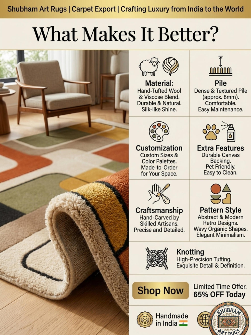Hand Tufted Wool Rug, Mid Century Modern Abstract Geometric Carpet, Retro Runner