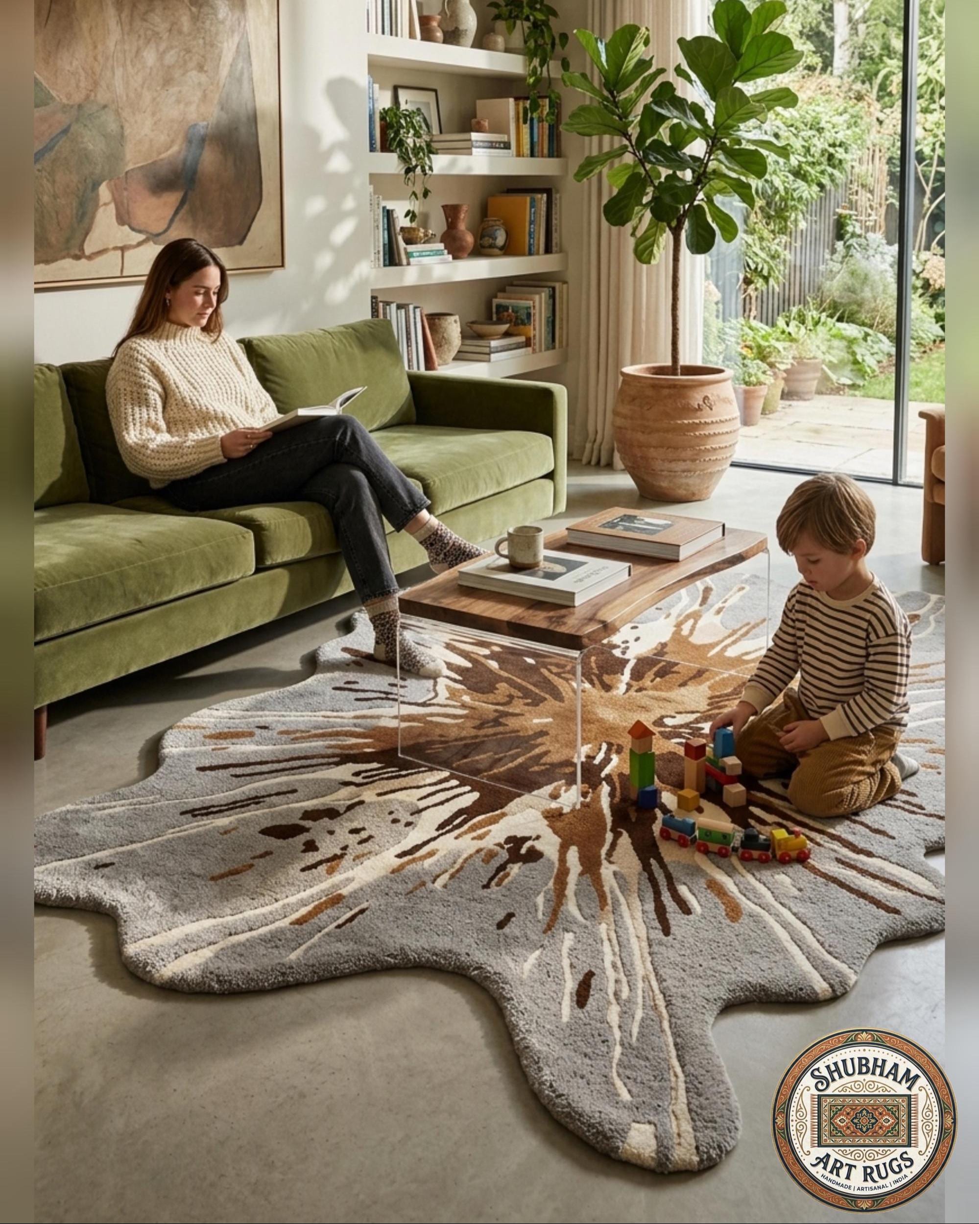 Hand Tufted Wool Splash Rug, Organic Irregular Grey Brown Area Carpet