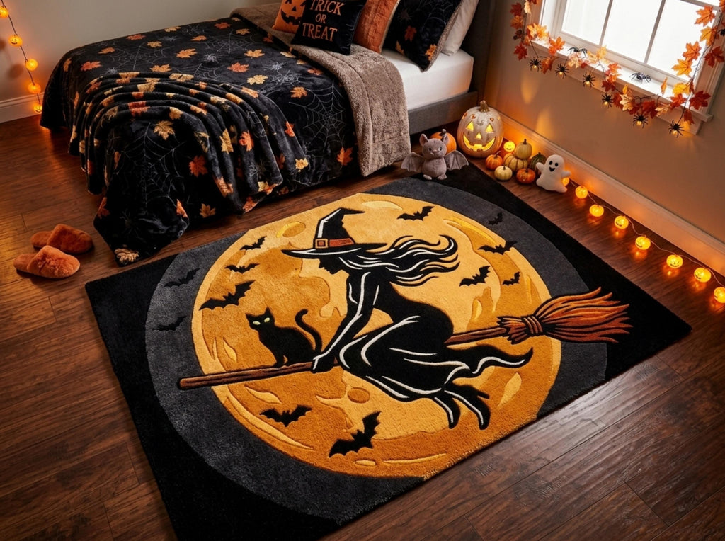 Hand Tufted Halloween Witch Rug, New Zealand Wool Area Rug, Black Orange Fall Decor, Cozy Gothic Home Bedroom Living Room Carpet Accent