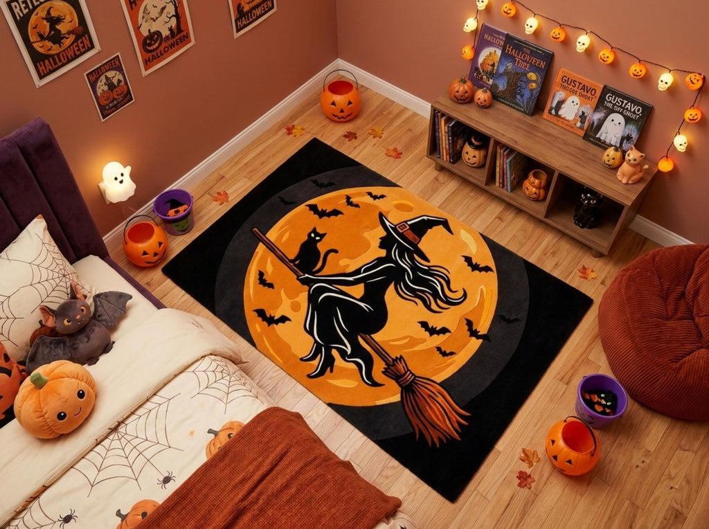 Hand Tufted Halloween Witch Rug, New Zealand Wool Area Rug, Black Orange Fall Decor, Cozy Gothic Home Bedroom Living Room Carpet Accent