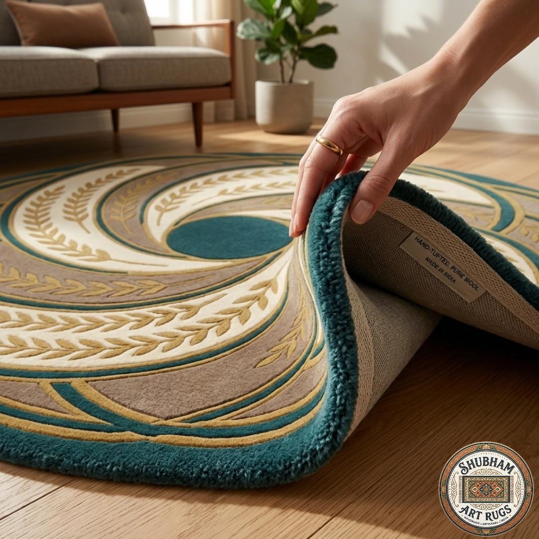 Hand Tufted Wool Rug: Abstract Swirl Leaf Design, Green Beige Gold Carpet