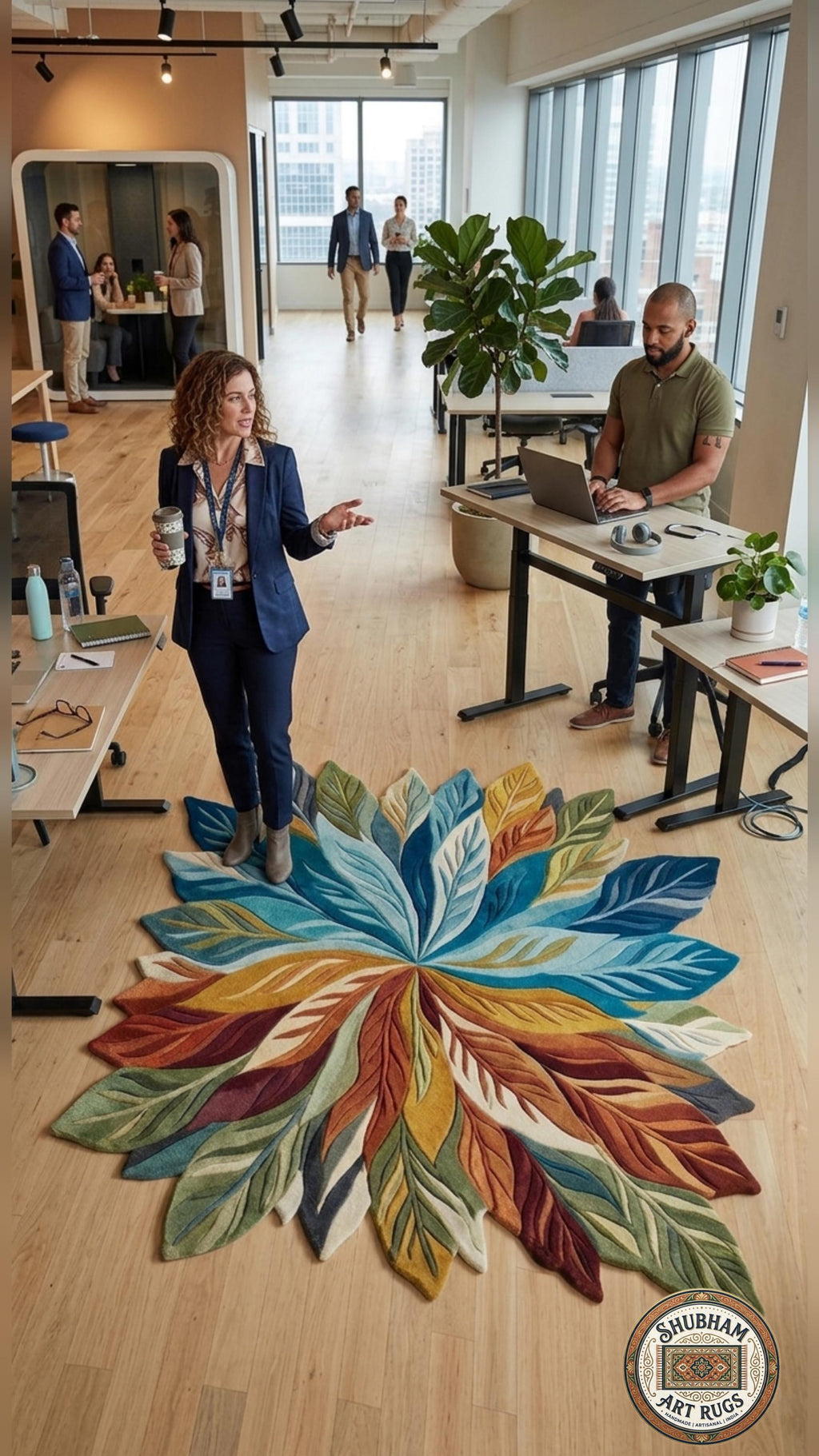 Hand Tufted Wool Leaf Rug, Botanical Area Carpet, Modern Colorful Design