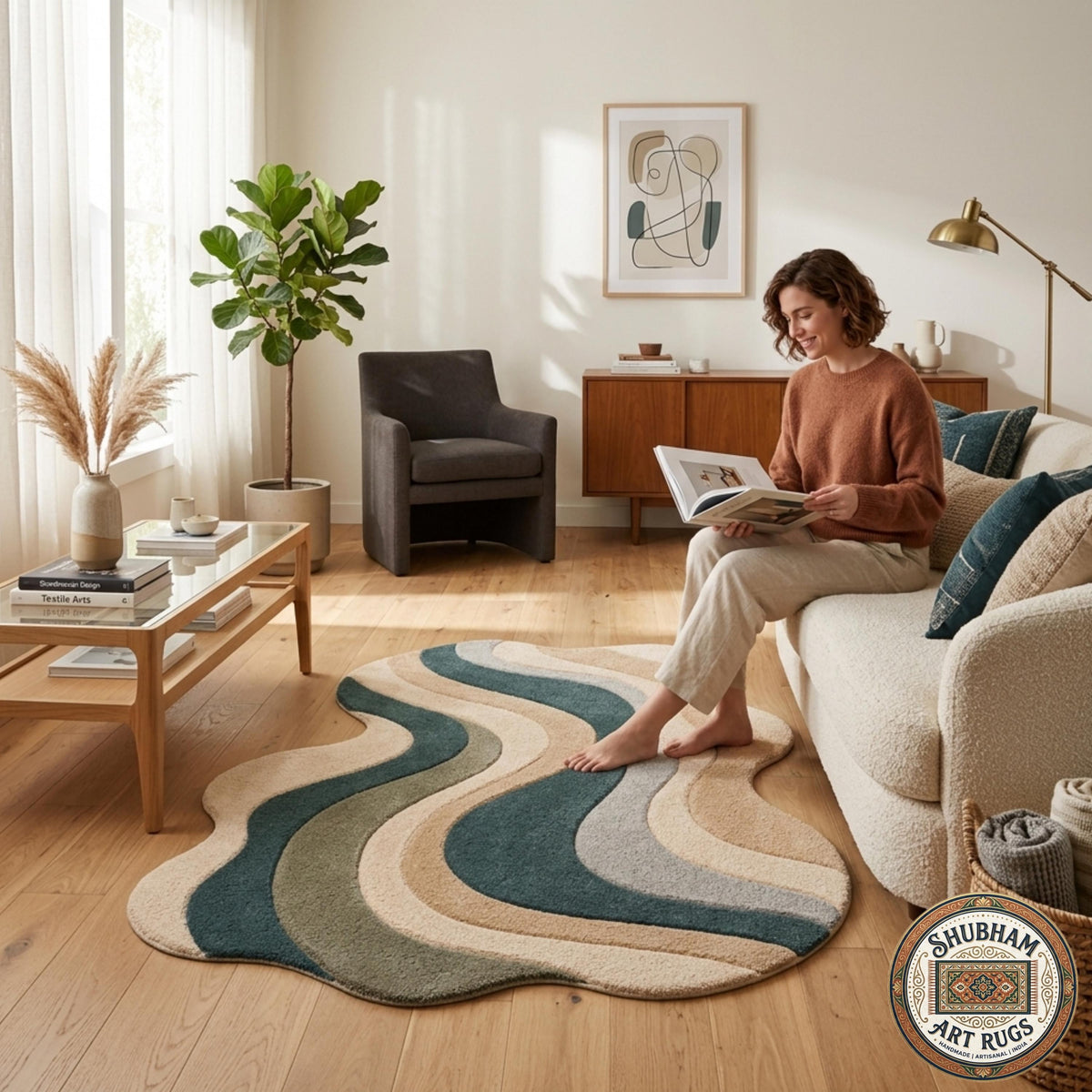 Hand Tufted Wool Rug, Abstract Wavy Area Carpet, New Zealand Blend, Custom Shape Decor