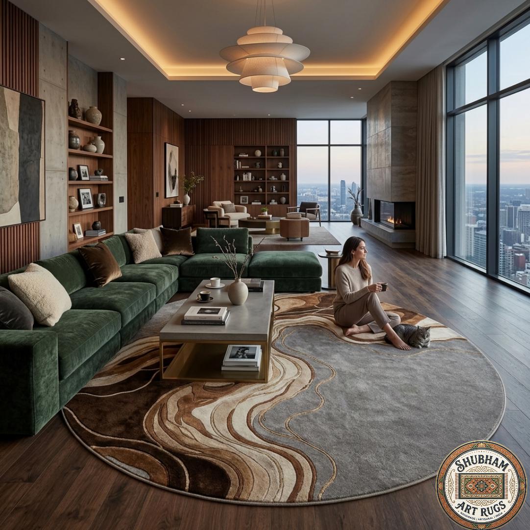 Hand Tufted Wool Abstract Rug: Modern Wavy Design, Neutral Brown Grey Carpet