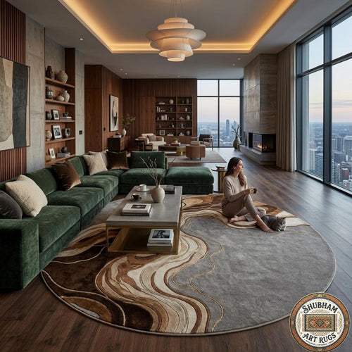 Hand Tufted Wool Abstract Rug: Modern Wavy Design, Neutral Brown Grey Carpet