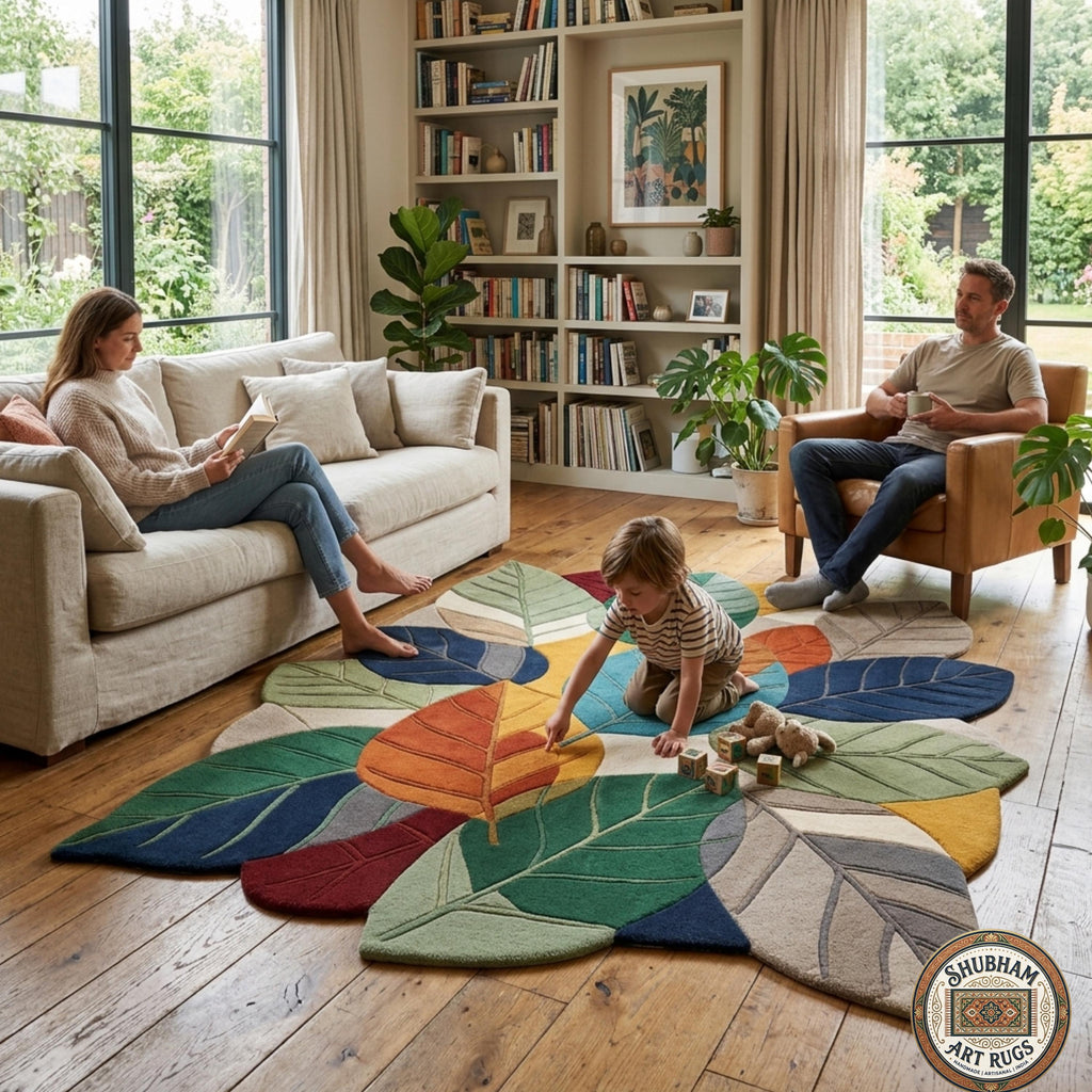 Hand Tufted Wool Leaf Rug, Organic Botanical Area Carpet, Modern Nature Decor