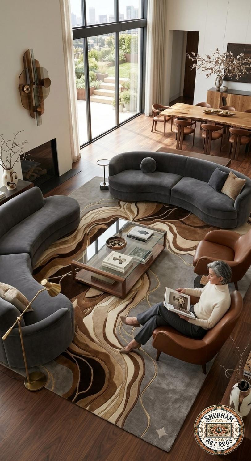 Hand Tufted Wool Abstract Rug: Modern Wavy Design, Neutral Brown Grey Carpet