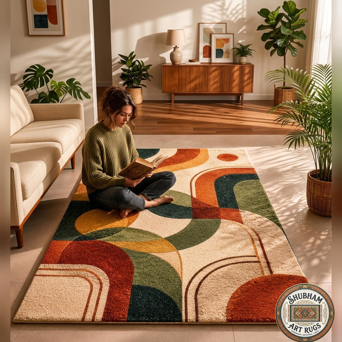 Hand Tufted Wool Rug, Modern Retro Abstract Geometric Carpet, Living Room Decor