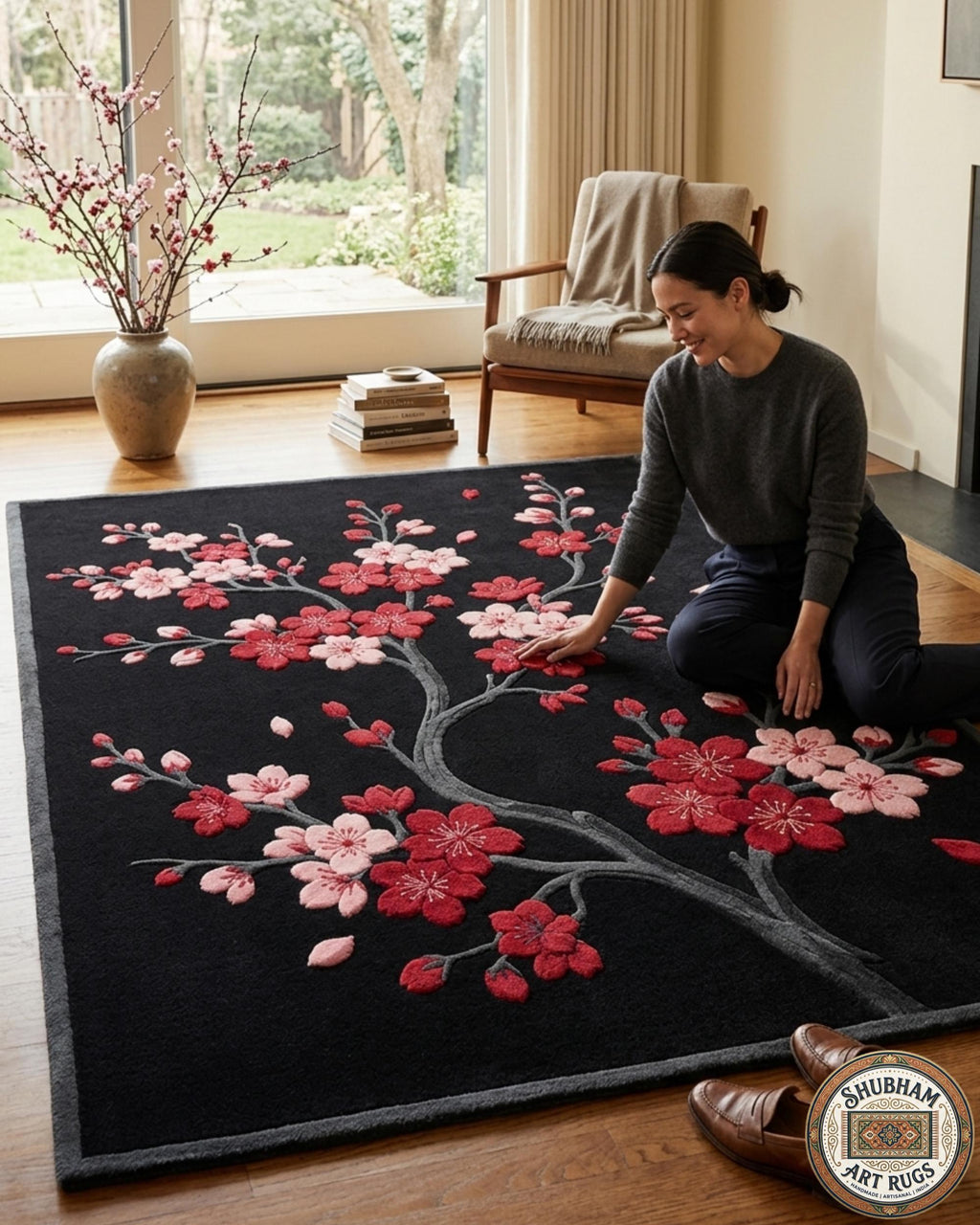 Hand Tufted Wool Cherry Blossom Rug, Japanese Floral Carpet, Black Pink Area Rug