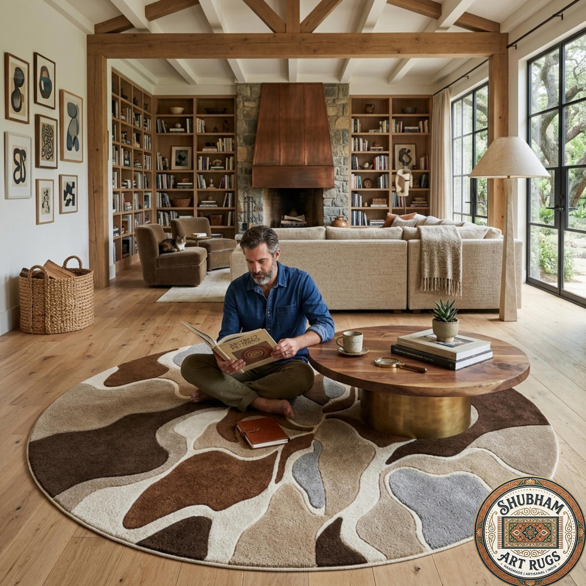 Hand Tufted Wool Rug, Abstract Organic Modern Area Carpet, Brown Beige Home Decor
