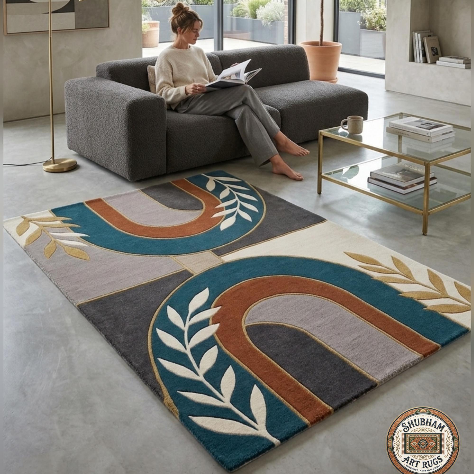 Alfombra de lana tejida a mano, alfombra abstracta geométrica, decoración moderna para sala de estar