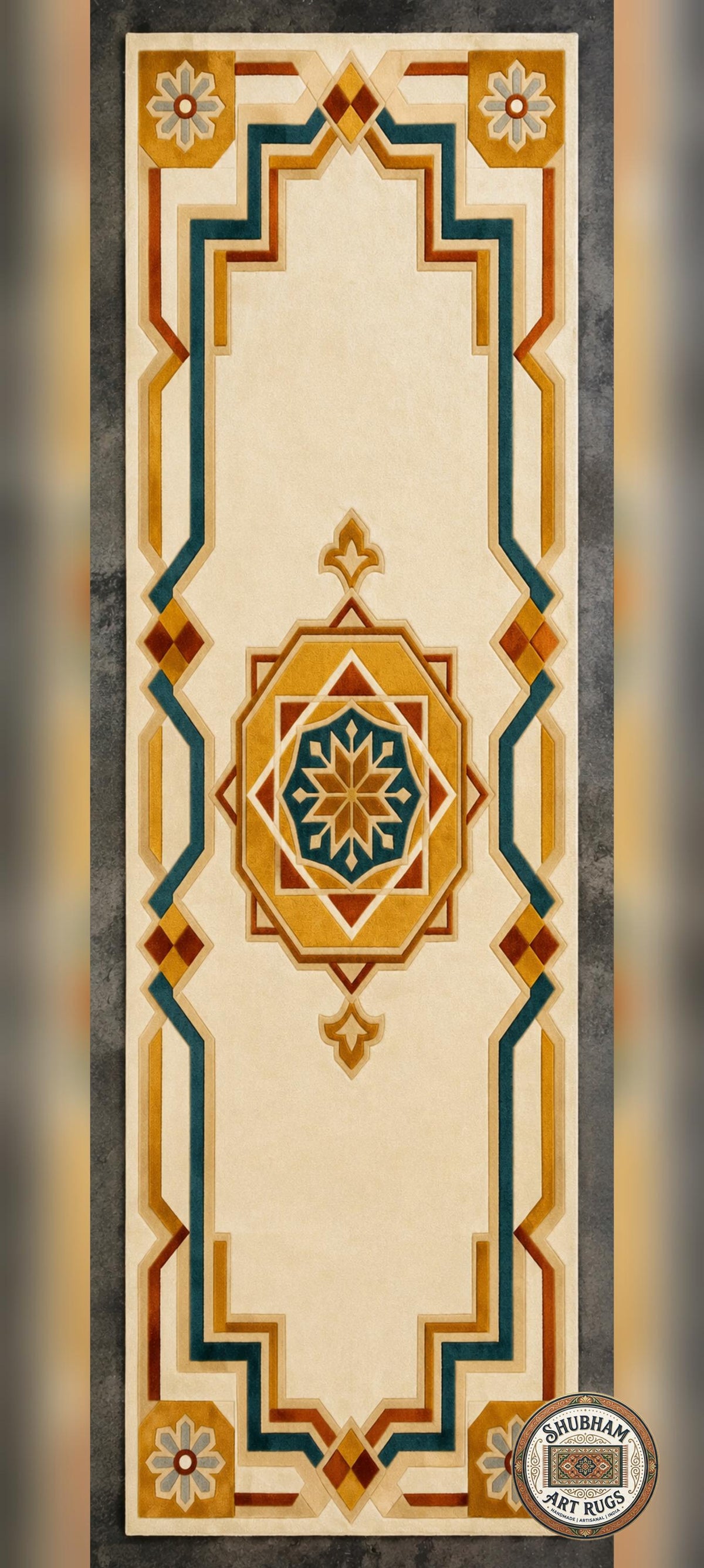 Hand Tufted Wool Rug, Persian Geometric , Cream Teal Gold Moroccan Style