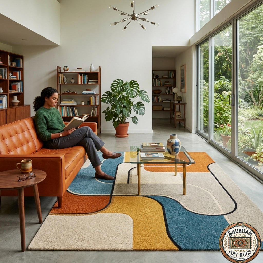 Hand Tufted Wool Area Rug, Mid Century Modern Abstract Geometric Carpet
