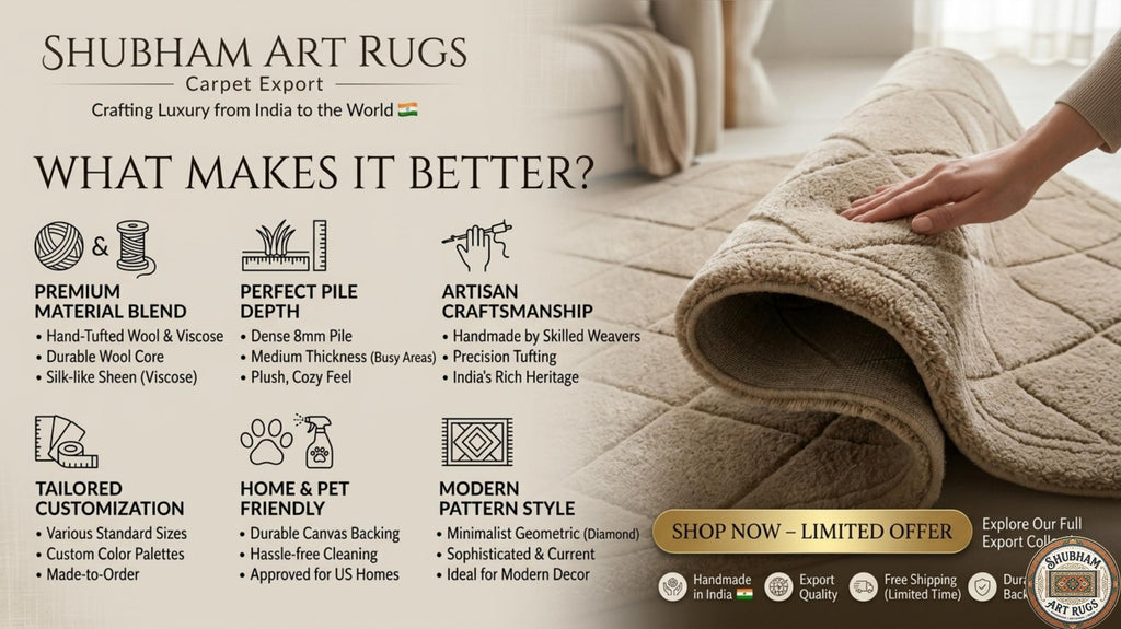 Hand Tufted Wool Rug, Beige Geometric Diamond, Modern Plush Carpet, Minimalist Home Decor