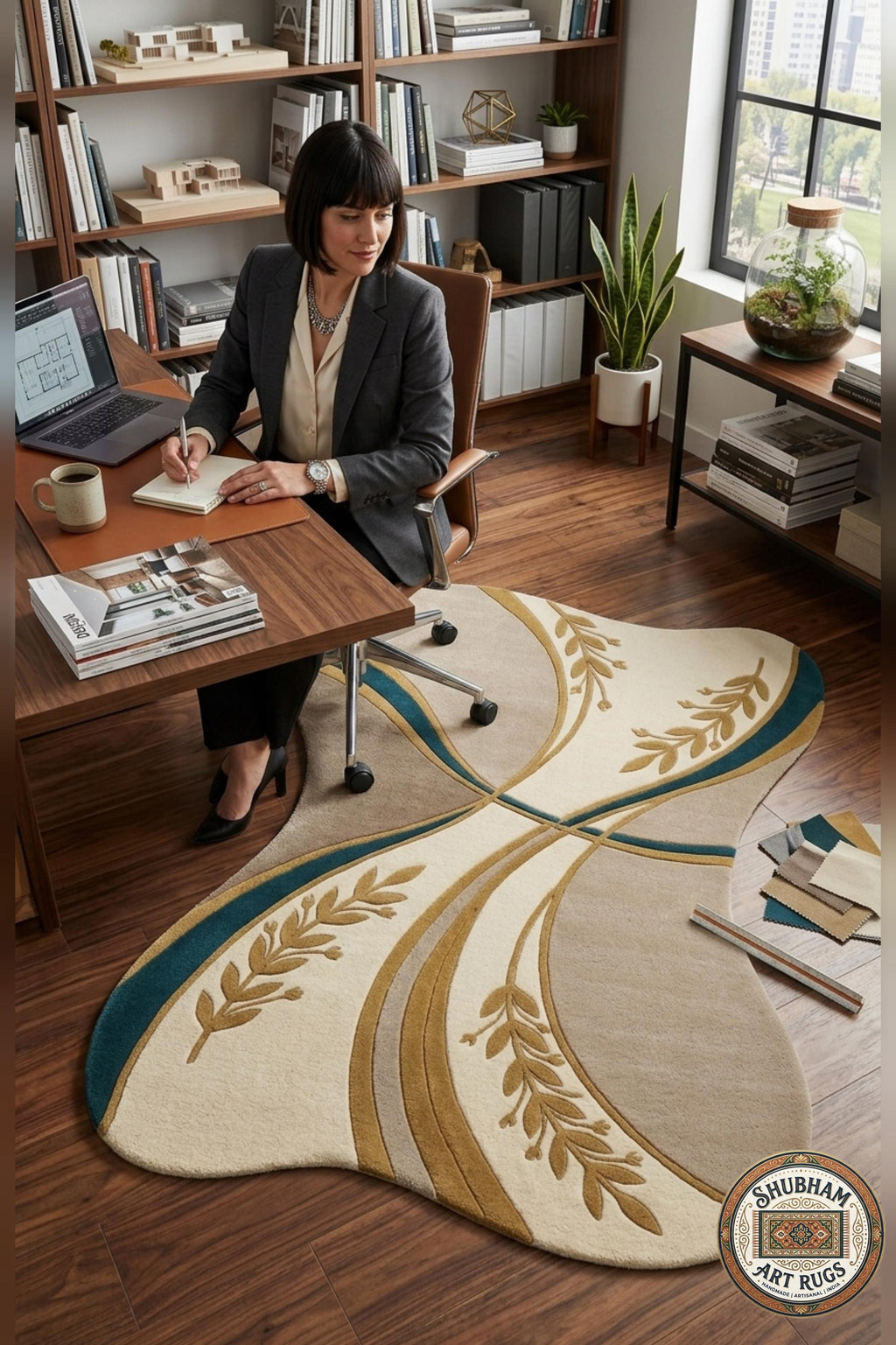 Hand Tufted Wool Rug, Irregular Abstract Botanical Design, New Zealand Blend Carpet