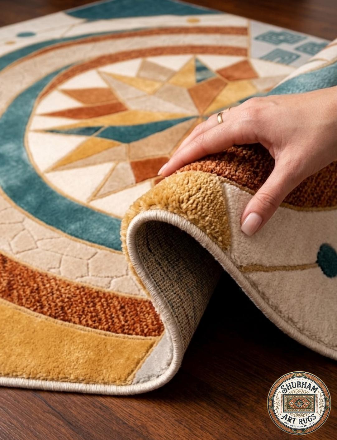 Hand Tufted Wool Rug, Geometric Compass Design, Modern Boho Living Room Carpet