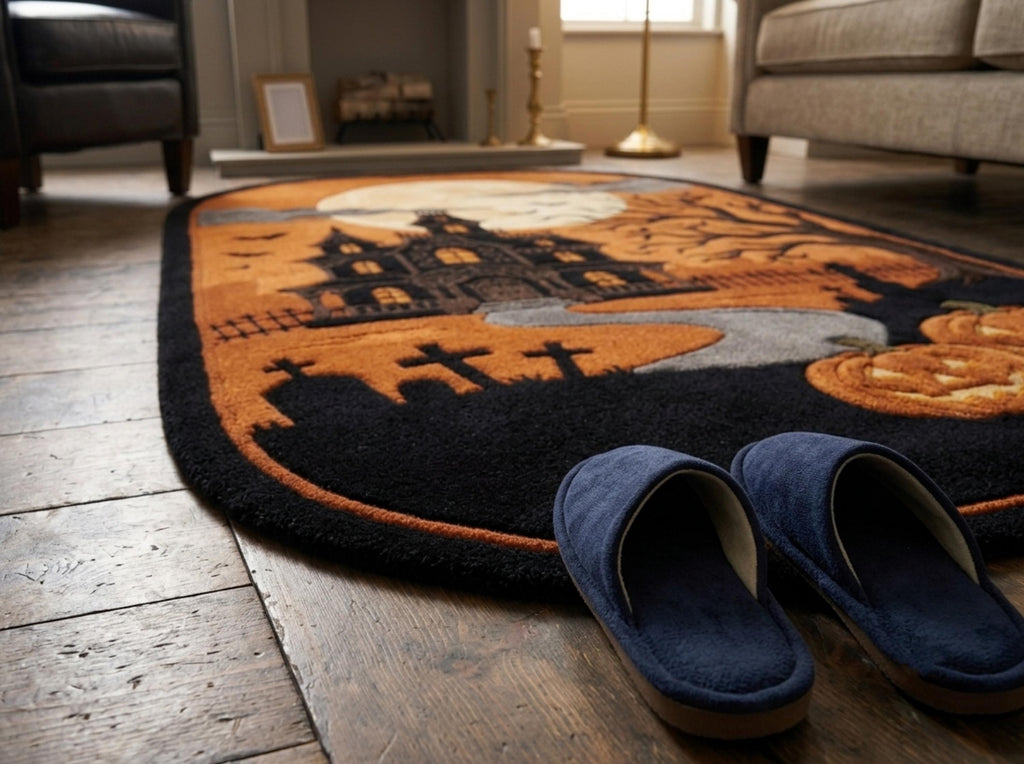 Hand Tufted New Zealand Wool Halloween Rug, Haunted House, Gothic Pumpkin Area Rug