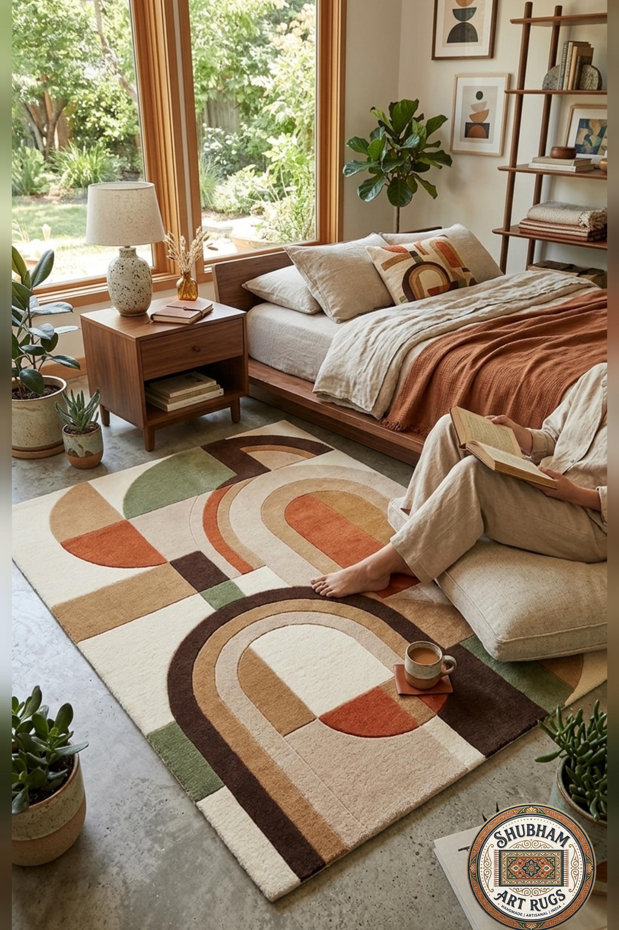 Hand Tufted Wool Rug, Modern Arch Abstract Geometric Carpet, Custom Size Living Room Bedroom