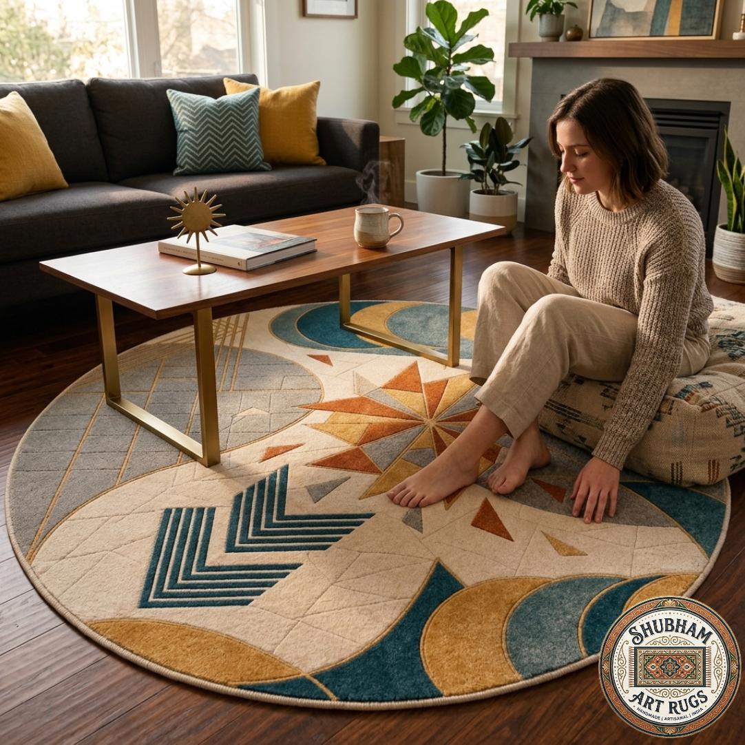 Hand Tufted Wool Rug, Abstract Celestial Geometric Carpet, Boho Living Room Area Rug