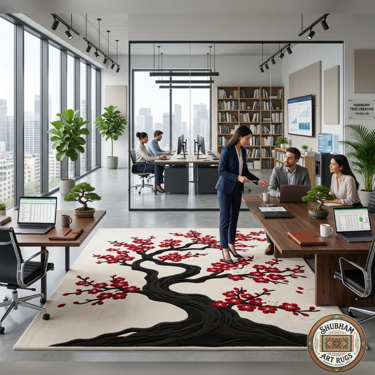 Hand Tufted Wool Rug, Japanese Cherry Blossom Floral Carpet, Round Area Rug