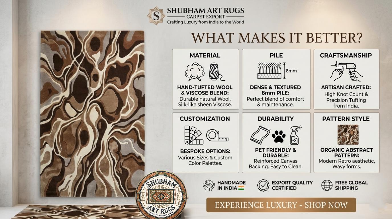 Hand Tufted Wool Rug, Abstract Brown Runner, Modern Organic Carpet, Neutral Beige Area Rug