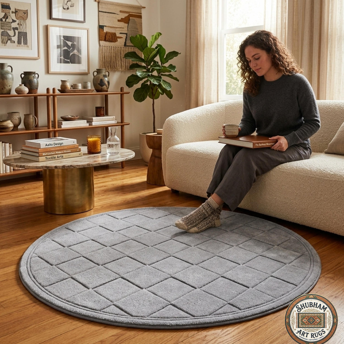 Hand Tufted Wool Rug: Grey Geometric Diamond Pattern, Soft Plush Carpet