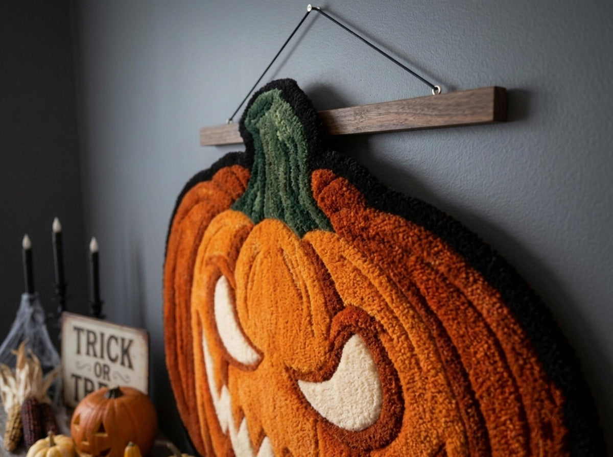 Halloween Pumpkin Rug, Hand Tufted New Zealand Wool, Jack O Lantern Area Rug, Spooky Fall Decor, Gothic Halloween Home Gift Decor!