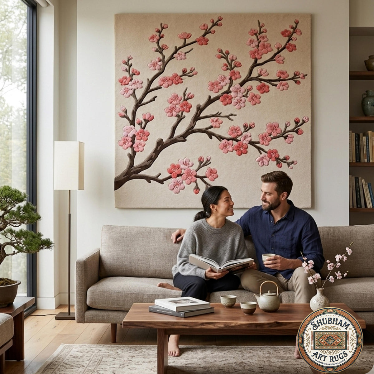 Hand Tufted Wool Cherry Blossom Rug, Floral Sakura Carpet, Shubham Art Rugs