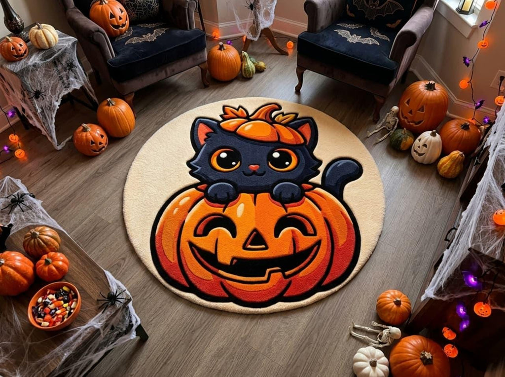 Hand Tufted Halloween Cat Pumpkin Rug, New Zealand Wool Autumn Decor