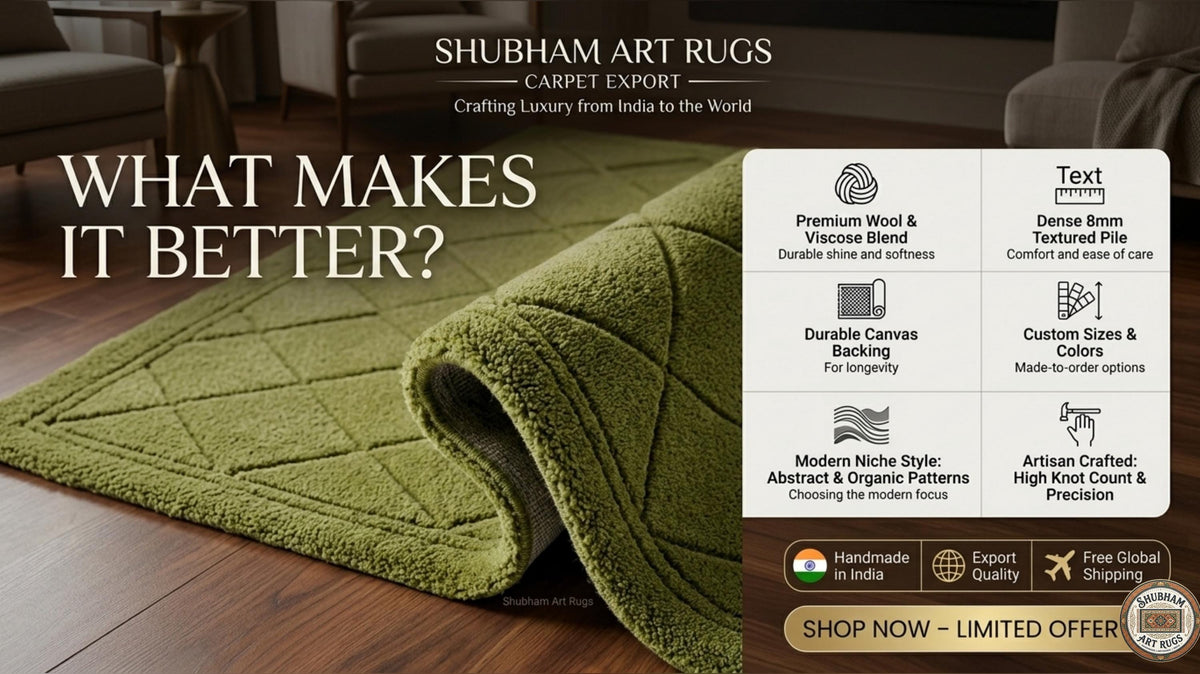 Hand Tufted Wool Rug: Green Geometric Diamond Carpet, Soft Dense Pile